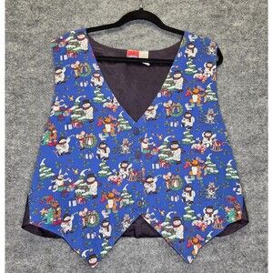 Snowden Vest Womens 2X Blue Christmas Snowman Animals Holiday Novelty Snow